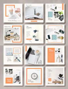 an orange and white brochure is shown with many different items on the table