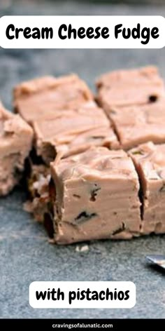 Pieces of cream cheese fudge on a grey counter with knife on it. Cream Cheese Fudge Recipe, Cream Cheese Fudge, Cranberry Pistachio Fudge, Cheese Fudge, Fudge Homemade, Homemade Fudge Recipes, Homemade Chocolate Bars, Delicious Christmas Desserts