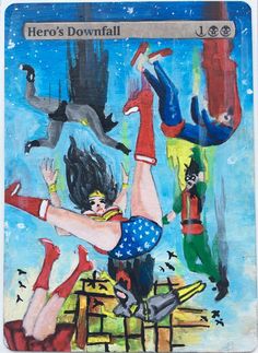 a painting of some people and cats in the air with one person upside down on his back