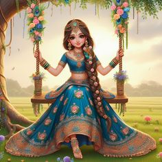 a painting of a woman sitting on a swing with flowers in her hair and wearing a blue lehenga