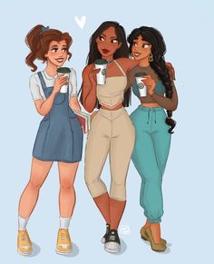 three women standing next to each other holding coffee cups