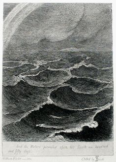 an old drawing of waves in the ocean with a rainbow above it and clouds overhead