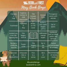 A bingo board with an image of a mountain, a bear with a backpack and a map, and a tent. The prompts are all bookish and related to reading challenges. Book Bingo Challenge 2023, Book Bingo 2024, January Book Bingo, Book Bingo Challenge 2025, Bingo Reading Challenge 2023, Reading Prompts, Bingo Online