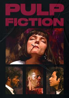 the cover to pulp fiction, featuring four different faces and one woman's face