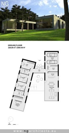 the floor plan for this modern house is shown in two different sections, with one bedroom and