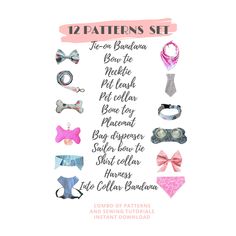 the 12 patterns set includes different types of bow ties, collars and headbands