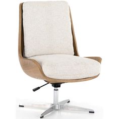 an office chair with a white upholstered seat and wooden backrest, viewed from the front