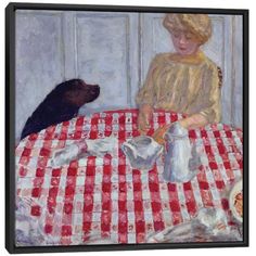 a painting of a woman sitting at a table next to a black dog on top of a red and white checkered table cloth