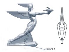 a drawing of a female figure with wings pointing at something in the air and holding a wrench