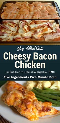 an advertisement for cheesey bacon chicken with green beans and asparagus on the side