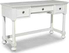 a white desk with two drawers on one side and an open drawer on the other