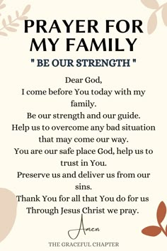 a prayer card with the words, pray for my family be our strength