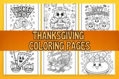 thanksgiving coloring pages for kids with turkeys and pumpkins in the center, on yellow background