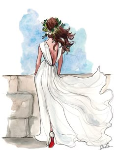 a watercolor painting of a woman wearing a white dress and red high heel shoes