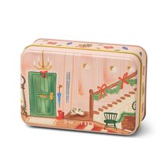 a pink suitcase with a green door and stairs painted on the side, sitting in front of a white background