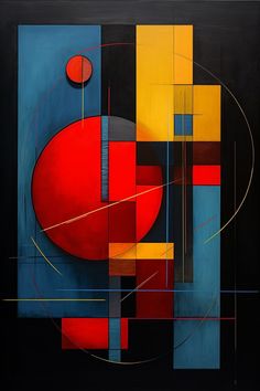 an abstract painting with red, yellow and blue shapes