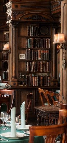 a dining room with many bookshelves and tables