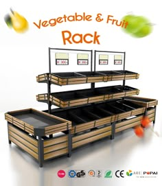 an advertisement for vegetable and fruit rack with three wooden trays on each side, in front of a white background