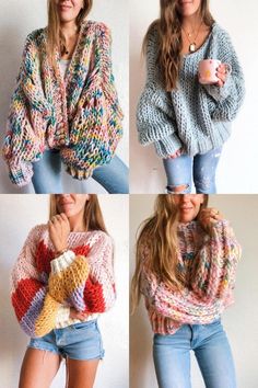 four different pictures of women wearing sweaters and holding coffee cups in their hands while posing for the camera