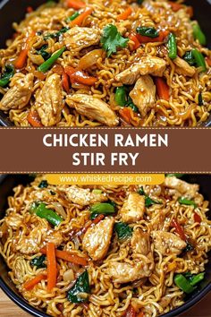 chicken ramen stir fry in a skillet