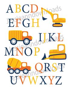 an alphabet with construction vehicles on it