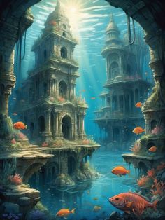 an underwater castle with fish swimming in the water