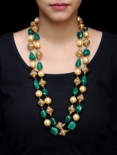 Buy Golden Ivory Green Double Chain Carved Metal Beads Pearl Shell Necklace Alloy Semi Precious Stone Online at Jaypore.com Precious Stones Jewelry, Semi Precious Stone Jewelry, Ethno Style, Beaded Jewels, Wedding Jewellery Collection, Gold Jewellery Design Necklaces, Fancy Jewellery