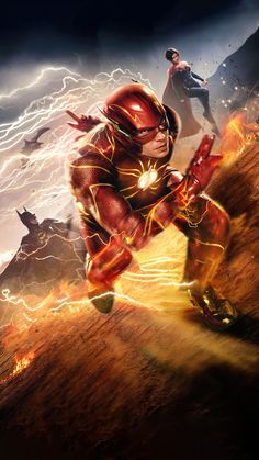 the flash running in front of two superheros on a dark background with lightning coming from behind