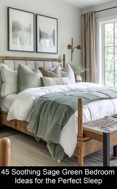 a bed sitting in a bedroom next to a window with pictures above it on the wall