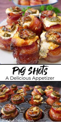 bacon and cheese appetizers on a plate with text overlay that says pre - shot