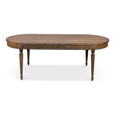 an oval table with wooden legs and wicker design on the top, against a white background