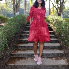 Red Polka Dot Linen Dress, Hand block print dress, Pleated dress, Made to order, Custom made, Plus size-Model height: 5'3" wearing size S-Length: 36"-Tie-up sleeve-Shell button Red Printed Cotton Dress, Red Block Print Summer Dress, Red Cotton Knee-length Dress, Red Knee-length Cotton Dress, Red Cotton Block Print Dress, Fitted Casual Block Print Dress, Casual Fitted Block Print Dress, Fitted Red Block Print Dress, Red Fitted Block Print Dress