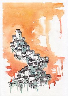 Original, Whimsical Pen and Ink Watercolor Illustration. Italian Village in Orange and Teal. Akvarel Illustration, Pen And Ink Watercolor, Aquarelle Drawing, Watercolor Architecture, Italian Village, Ink Watercolor, Illustration Watercolor, 수채화 그림, Whimsical Illustration