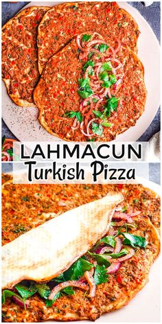 two pictures of different types of pizzas on white plates with text overlay that reads lahmacun turkish pizza