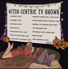 a woman laying on top of a bed in front of a sign that says witch - cent tv shows