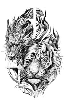 a black and white drawing of two tigers with the letter f on it's face