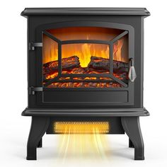 a black stove with flames and logs in it's front burner on an isolated white background