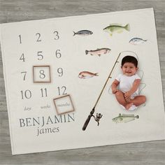 a baby is sitting in front of a clock with fish and fishing rods on it