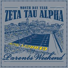 a blue and yellow t - shirt with the words zeta tau alpha on it