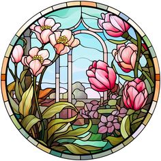 a round stained glass window with pink flowers