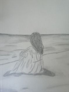 a drawing of a woman sitting in the sand looking out at the ocean on a cloudy day