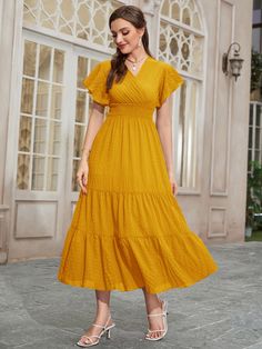 Yellow Elegant Collar Short Sleeve Polyester Plain A Line Embellished Non-Stretch  Women Dresses 2024 Prep, Layered Hem Dress, Vintage Homecoming Dresses, Yellow Clothes, Frock For Women, Fashion Design Dress, Butterfly Sleeve, Butterfly Dress, Ruffle Hem Dress