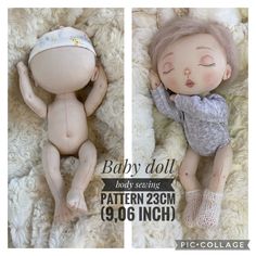 two pictures of a baby doll laying next to each other