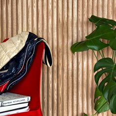 a red chair next to a potted plant and books