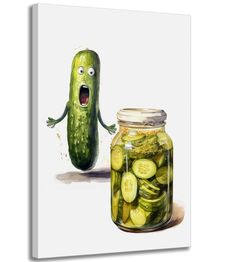 a jar filled with pickles next to a cartoon cucumber