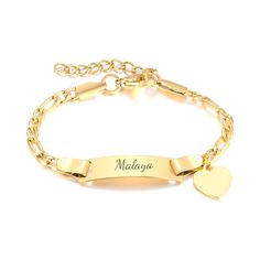 PRICES MAY VARY. Made of hypoallergenic 316L stainless steel with 18K gold plating that is lead & nickel free, safe for kids' sensitive skin Fully adjustable lobster clasp closure fits wrist sizes 5.5 - 7.5 inches; For ages 3 years and up Personalized with any name or word engraved on ID plate bar; Also available with birthdate Comes in elegant gift box ready for giving to daughter, niece, granddaughter Figaro chain design is beautiful & durable; Polished finish prevents tarnishing Customised Birthday Gifts, Toddler Girl Gifts, Bar Bracelet, Id Bracelets, Figaro Chain, Chain Design, Bar Bracelets, Girls Jewelry, Heart Bracelet