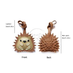 two key chains with an image of a hedgehog and a dog on the front