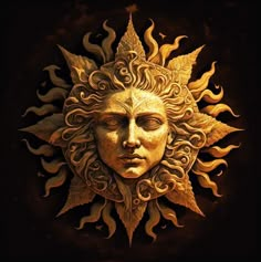 a golden sun face with leaves on it's head is shown against a black background