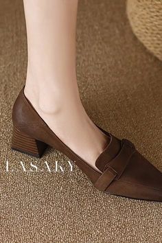 Lasaky - Womens Pointed-Toe Leather Loafers Featuring Stylish Chunky and Low Heels Retro Heels, Rough Heels, Elegant Heels, Point Shoes, Pu Heels, Dark Khaki, Pointed Toe Shoes, Trendy Sneakers, Designer Heels