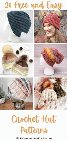 crochet hat patterns with text that reads, 20 free and easy crochet hats